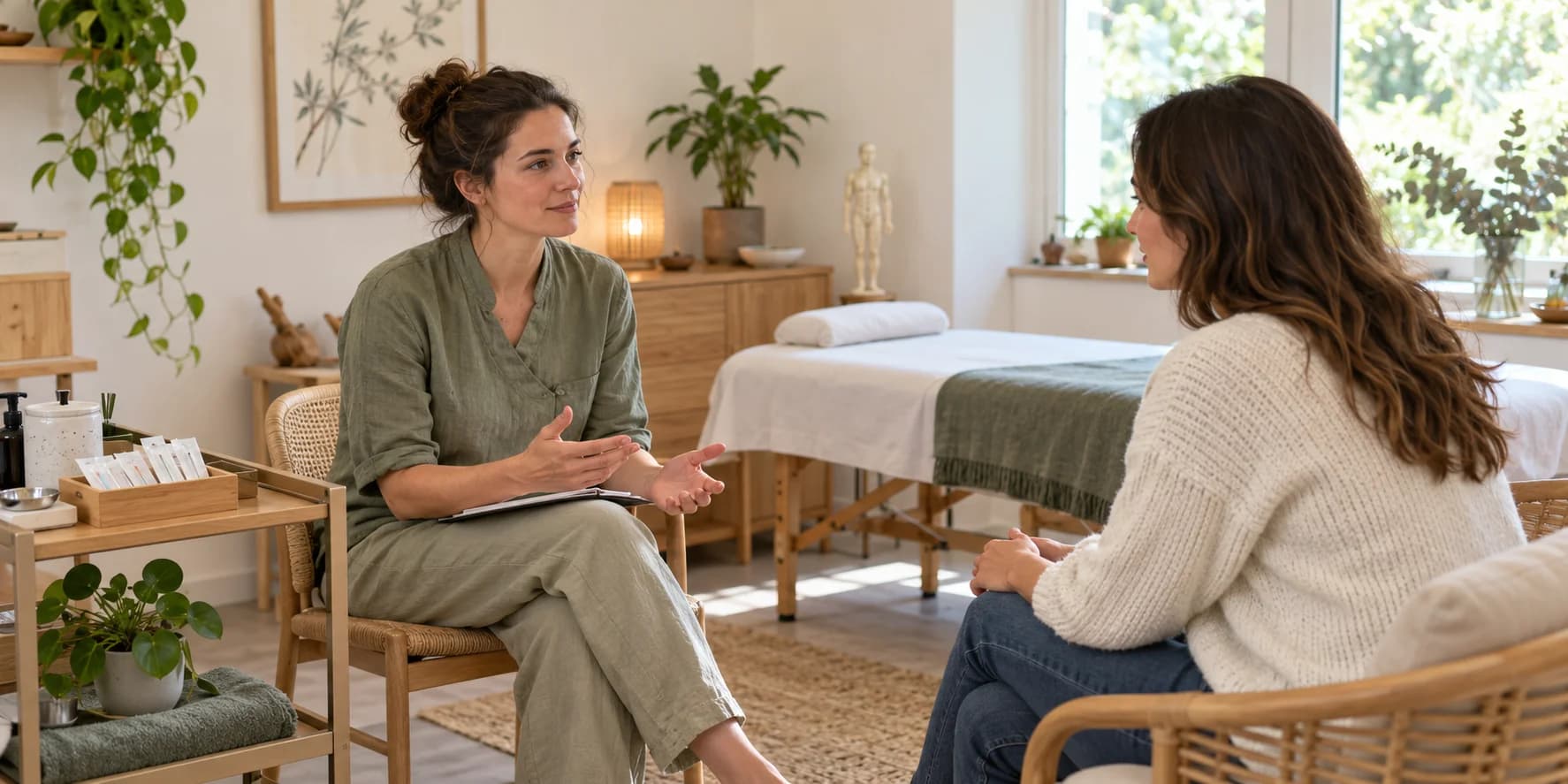 Illustration d’une consultation dans un cabinet d’acupuncture